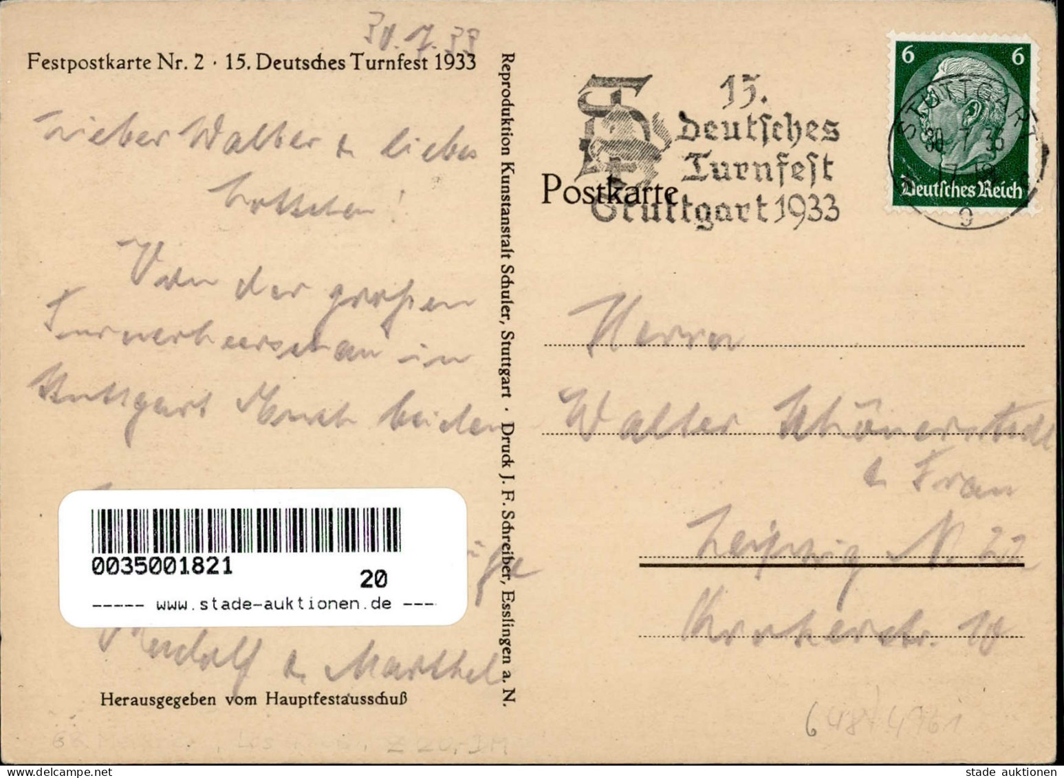 STUTTGART WK II - 15. DEUTSCHES TURNFEST 1933 Festpostkarte Nr. 2 S-o I - Weltkrieg 1939-45