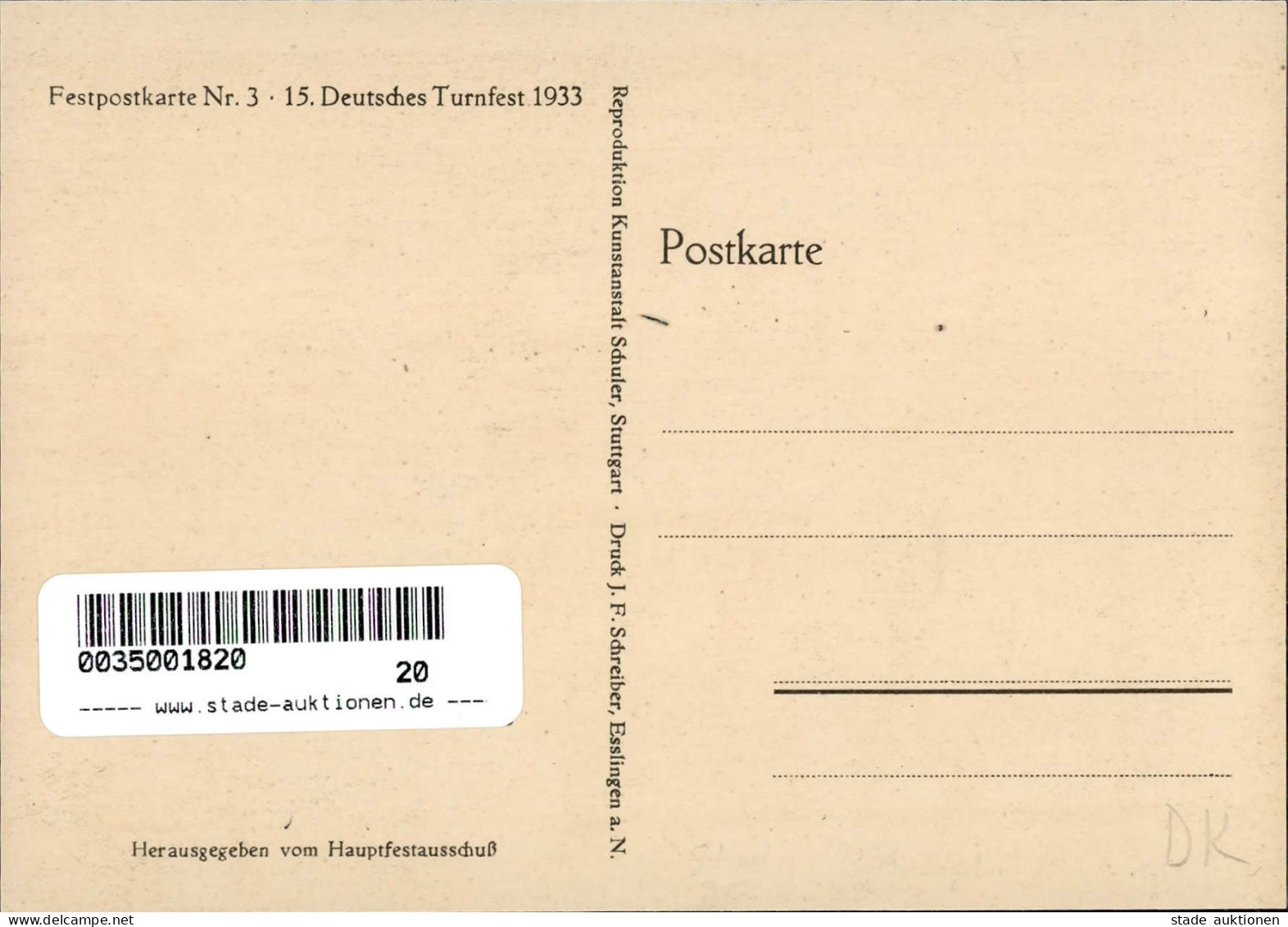 STUTTGART WK II - 15. DEUTSCHES TURNFEST 1933 Festpostkarte Nr. 3 I - Weltkrieg 1939-45