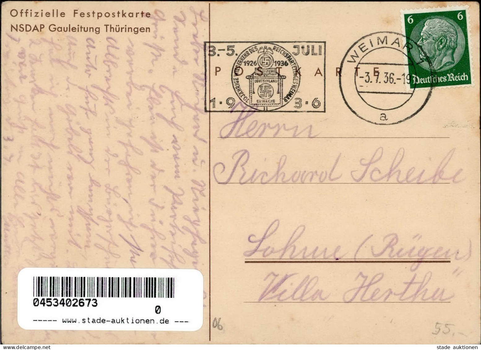 WEIMAR WK II - Festpostkarte 10 Jahre REICHSPARTEITAG WEIMAR 1936 S-o Ecke Etwas Gestoßen I-II - Weltkrieg 1939-45