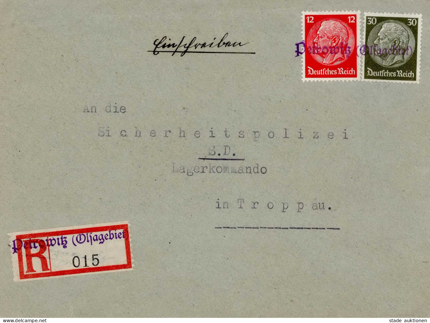 SS Feldpost WK II R-Brief An Die Sicherheitspolizei (SD Der SS) Lagerkommando In Troppau Mit Notstempel U. R-Zettel Petr - Guerre 1939-45