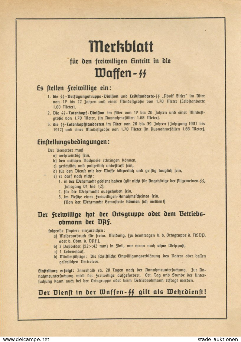 SS Merkblatt Für Den Freiwilligen Eintritt In Die Waffen-SS I-II - Weltkrieg 1939-45