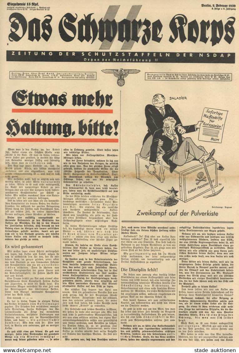 SS Zeitung Das Schwarze Korps Berlin 2. Februar 1939 5. Folge 5.Jahrgang I-II (Gebrauchsspuren) Journal - Guerre 1939-45