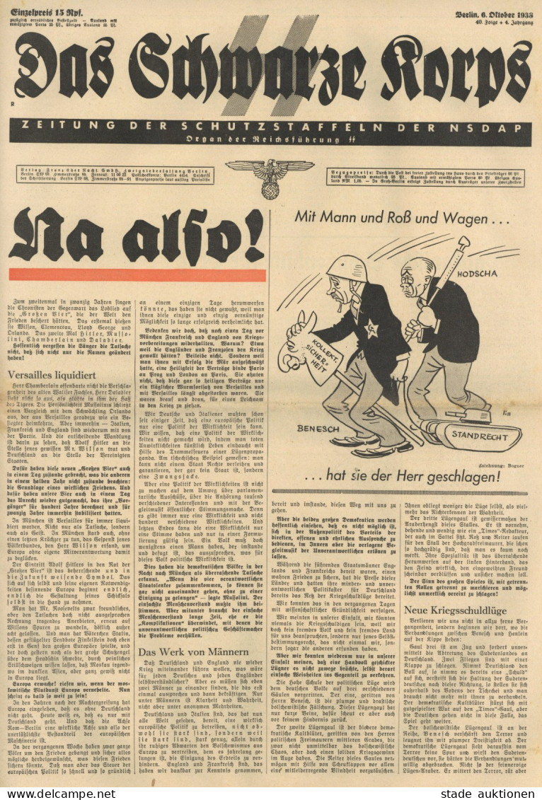 SS Zeitung Das Schwarze Korps Berlin 6. Oktober 1938 40. Folge 4.Jahrgang I-II (Gebrauchsspuren) Journal - Weltkrieg 1939-45