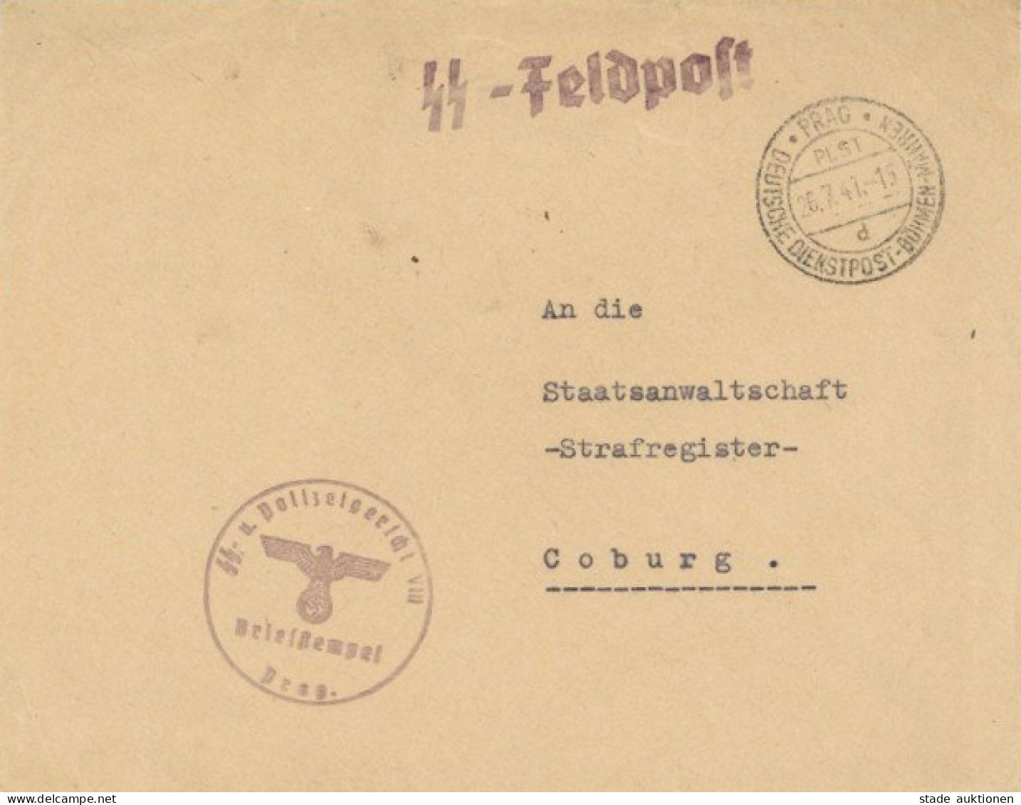 Waffen-SS Feldpost SS Polizei-Gericht Prag 1941 I-II (Öffnungsspuren) - Guerre 1939-45