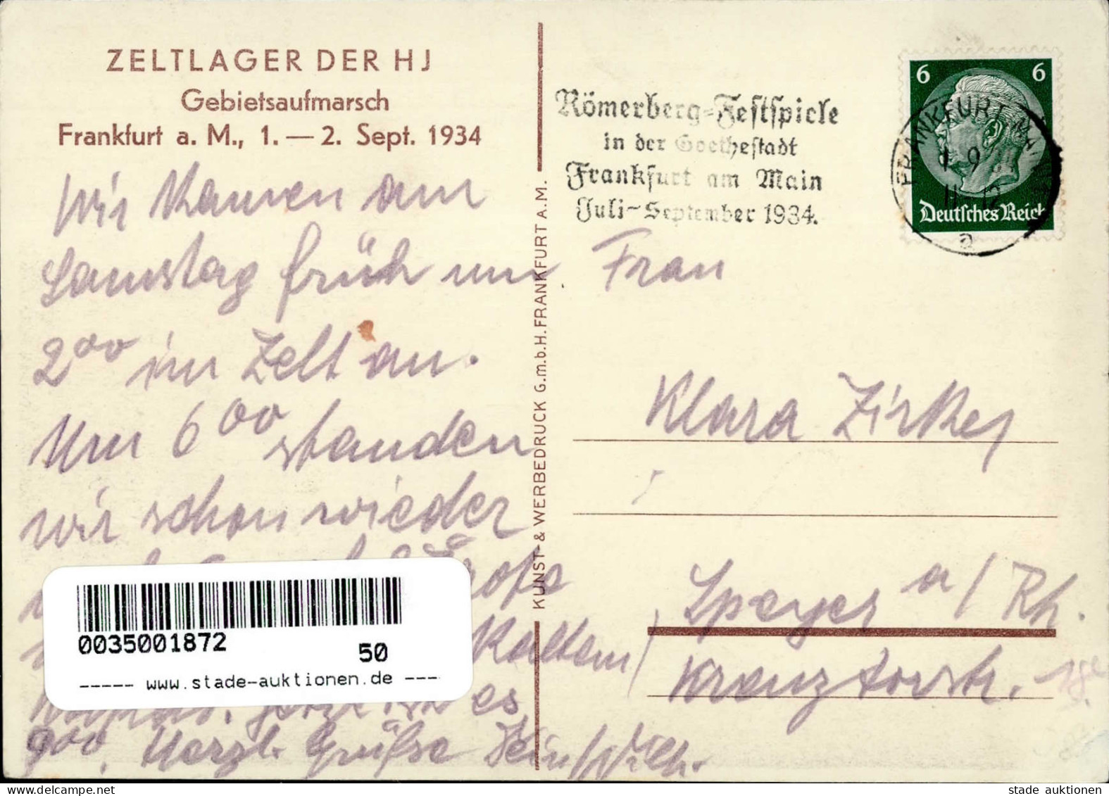 HITLERJUGEND WK II - FRANKFURT/MAIN ZELTLAGER Der HJ 1934 Künstlerkarte Sign. Ferd.Hofmann I - Guerre 1939-45