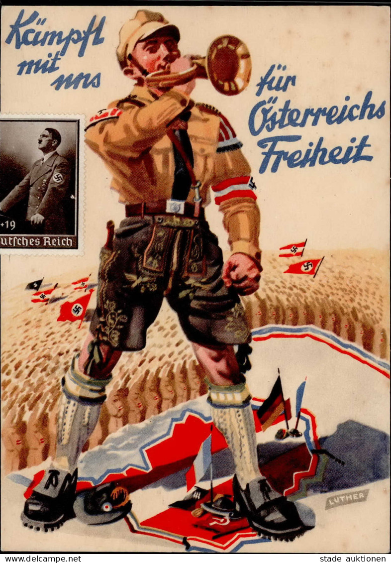 HITLERJUGEND WK II - KÄMPFT MIT UNS FÜR ÖSTERREICHS FREIHEIT! OPFERKARTE D. JUNGEN NATION Beidseitig Mit Briefmarken Gek - Guerre 1939-45