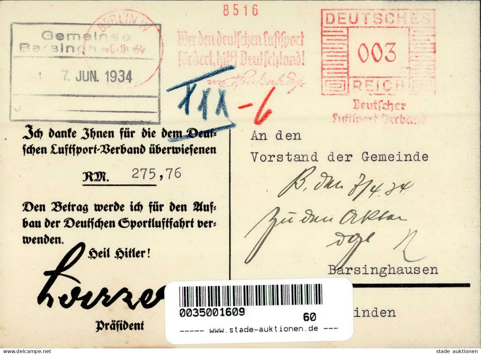 NS-FLIEGERKORPS WK II - Propaganda-Werbekarte DEUTSCHER LUFTSPORT-VERBAND Als Spendenkarte Und Franco-S-o 1934 I - Guerra 1939-45