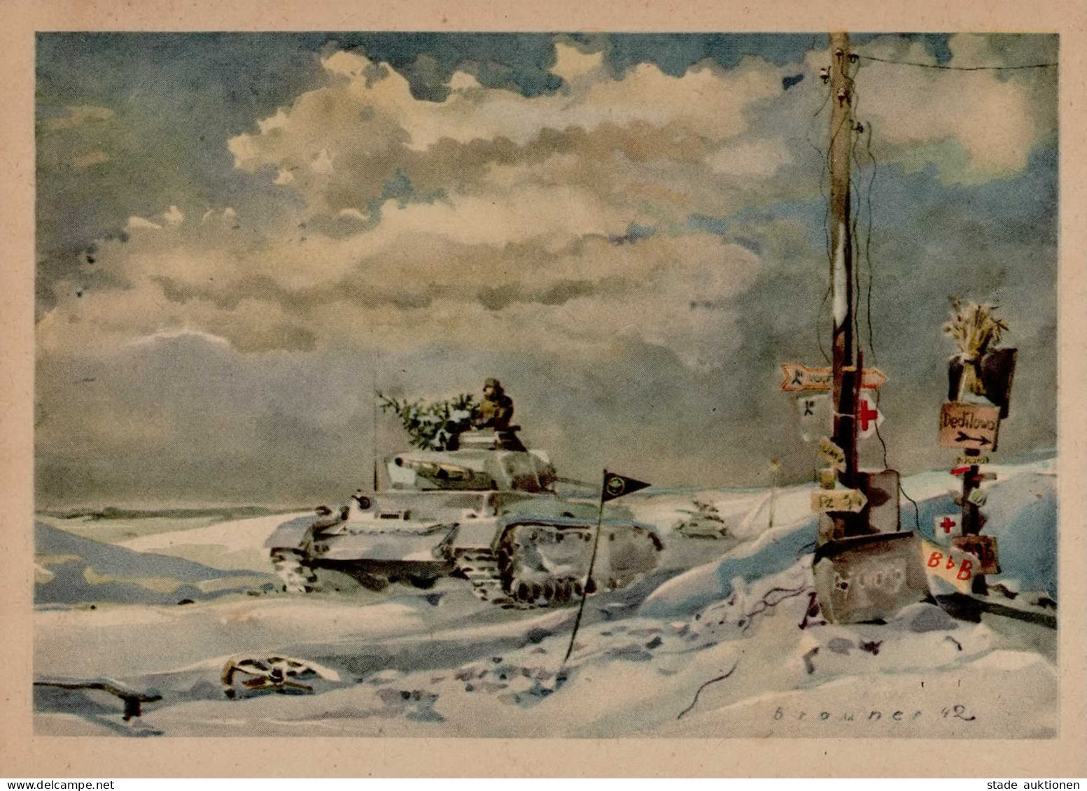 Panzer WK II Winter Sign. Fritz Brauner Künstlerkarte I-II (Stauchung, RS Fleckig) Réservoir - War 1939-45