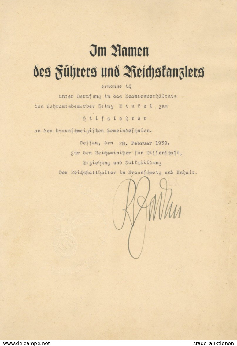 Verleihungsurkunde An Winkel, Heinz 1939 Mit Originalunterschrift Von Reichsstatthalter In Braunschweig Und Anhalt JORDA - Guerra 1939-45