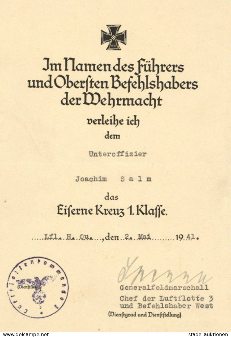 Verleihungsurkunde Eiserne Kreuz 1. Klasse An Unteroffizier Joachim Salm 1941 I-II - Guerre 1939-45