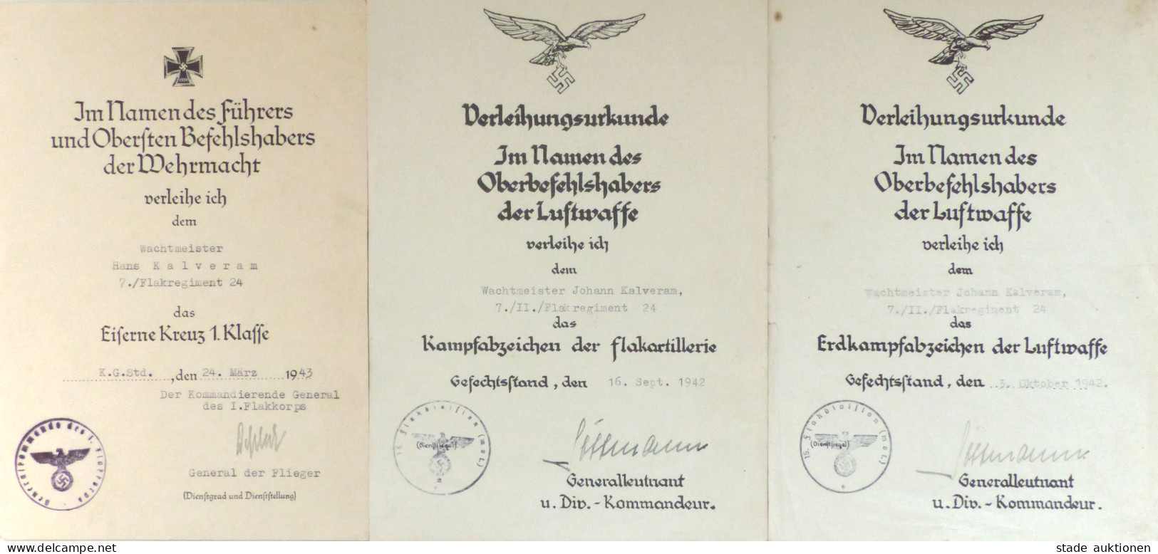 Verleihungsurkunde Nachlass Eines Wachtmeisters Des Flak-Reg. 24 Mit 5 Urkunden. EK1, EK2, Erdkampfabzeichen Der Luftwaf - War 1939-45