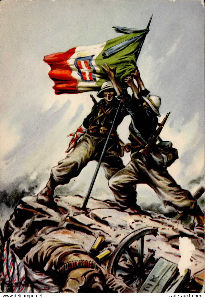 Antipropaganda WK II Italien Soldaten Gewinnen Schlacht Sign. Cozzi Künstlerkarte II (VS Abschürfung) - War 1939-45