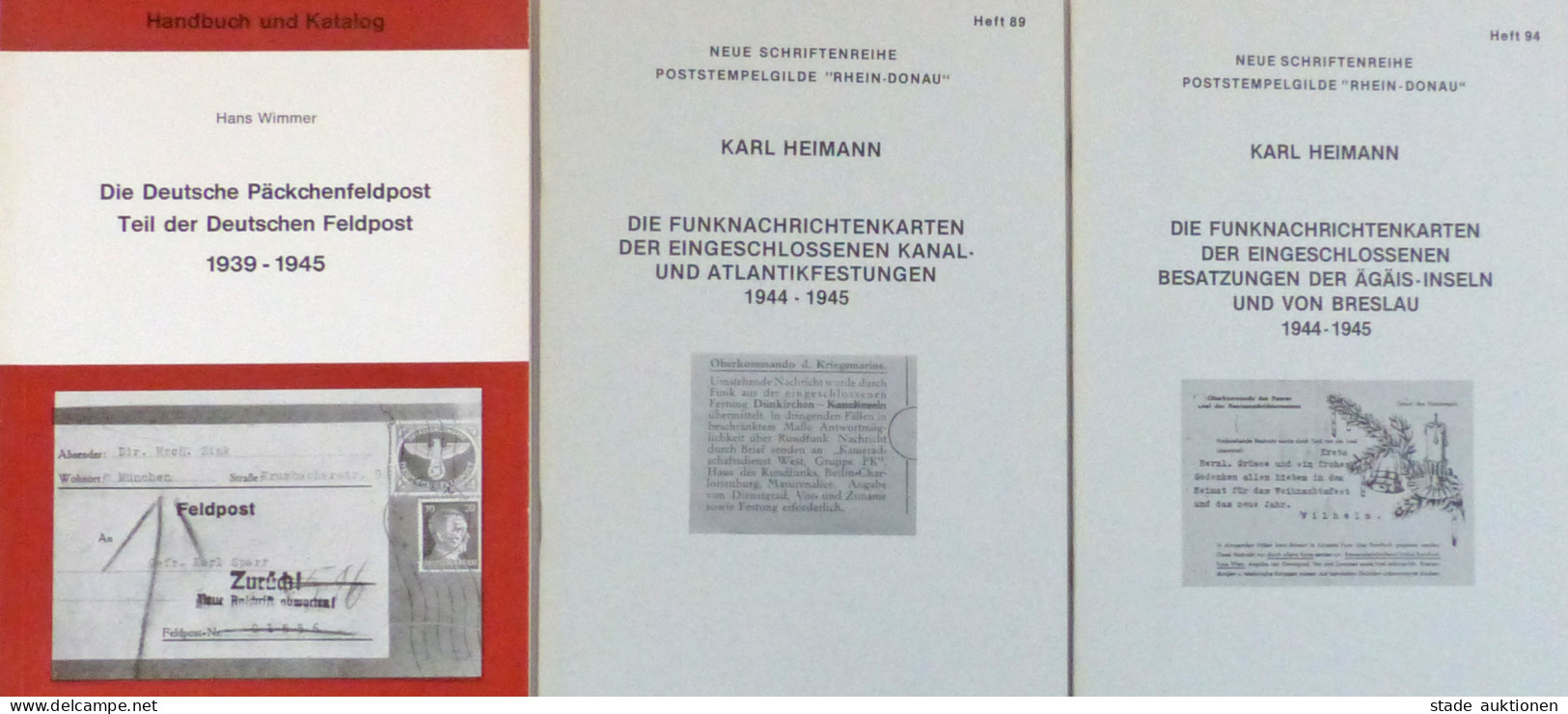 Feldpost WK II 3x Spezial-Literatur Hans Wimmer: Die Deutsche Päckchenfeldpost 1939-1945, 2x Karl Heimann Funknachrichte - Weltkrieg 1939-45