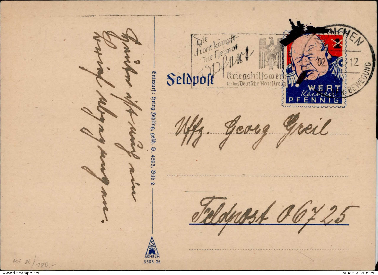 Feldpost WK II Churchill Spottkarte An 06725-16. Fernsprech-Betriebs-Kompanie F 644 I- (Ashelm 3503 25) - Weltkrieg 1939-45