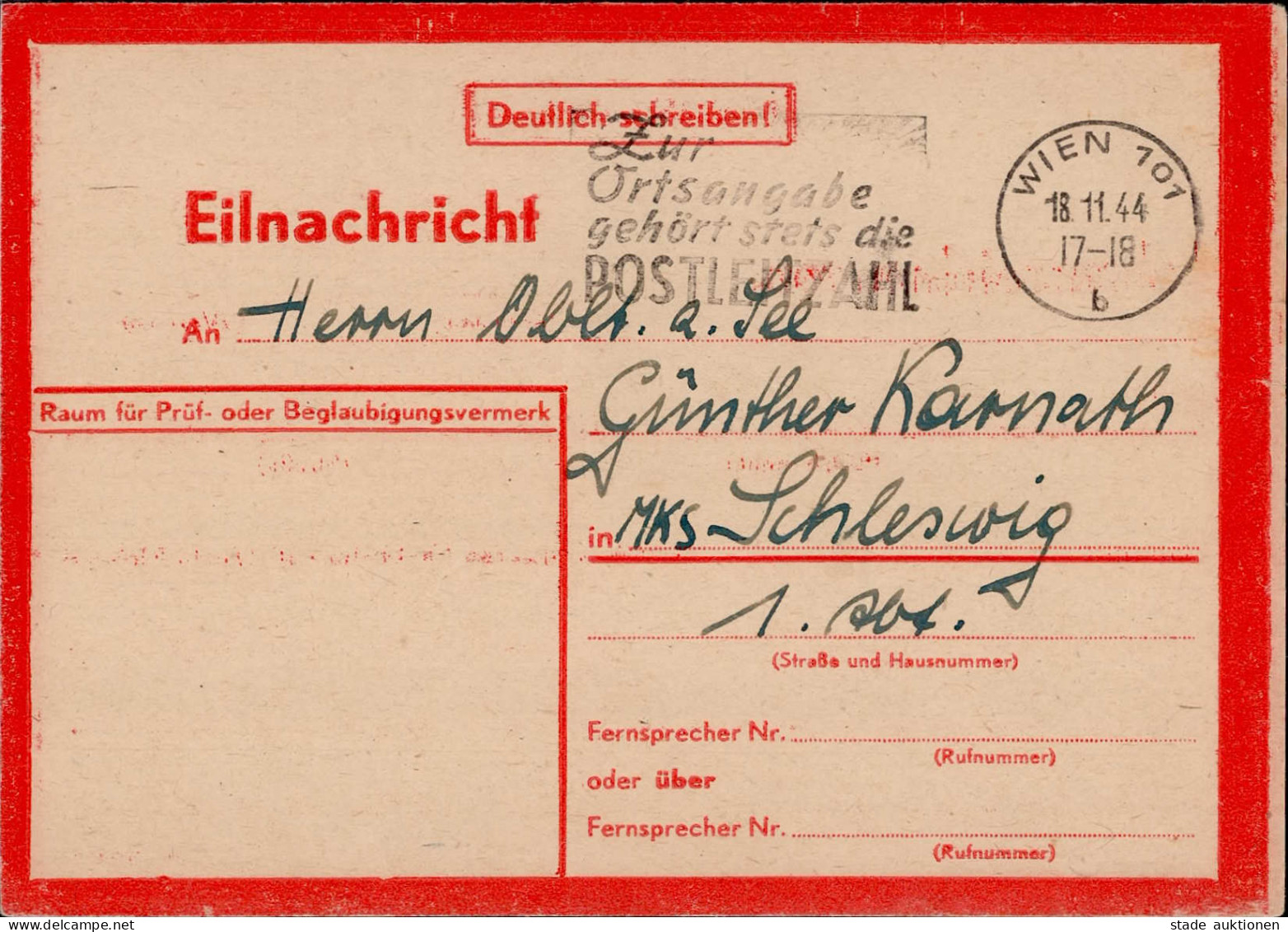 Feldpost WK II Eilnachrichten-Karte Lebenszeichen Rot Wien 18.11.1944 An Einen Oberleutnant Zur See ...bombengeschädigt  - Weltkrieg 1939-45