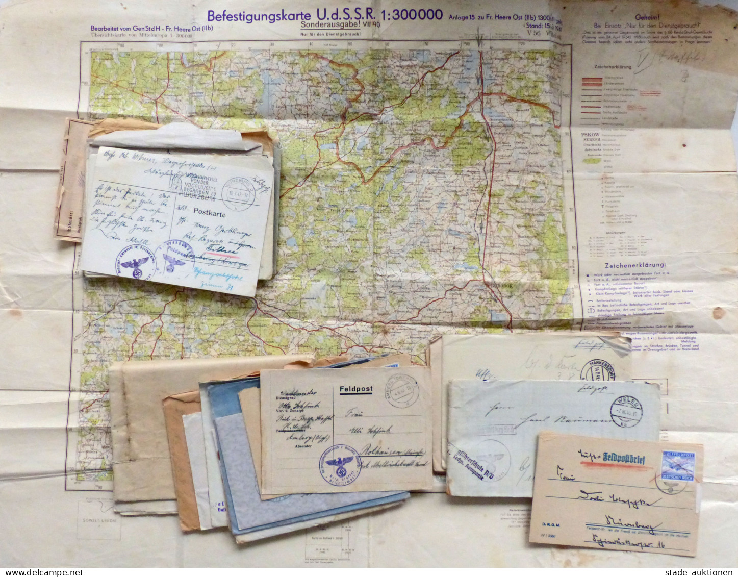 Feldpost WK II Lot Von 35 Belegen Und 2 Landkarten (Befestigungskarte UdSSR Der Heere Ost Und Topographisch Welish), Sta - Guerre 1939-45