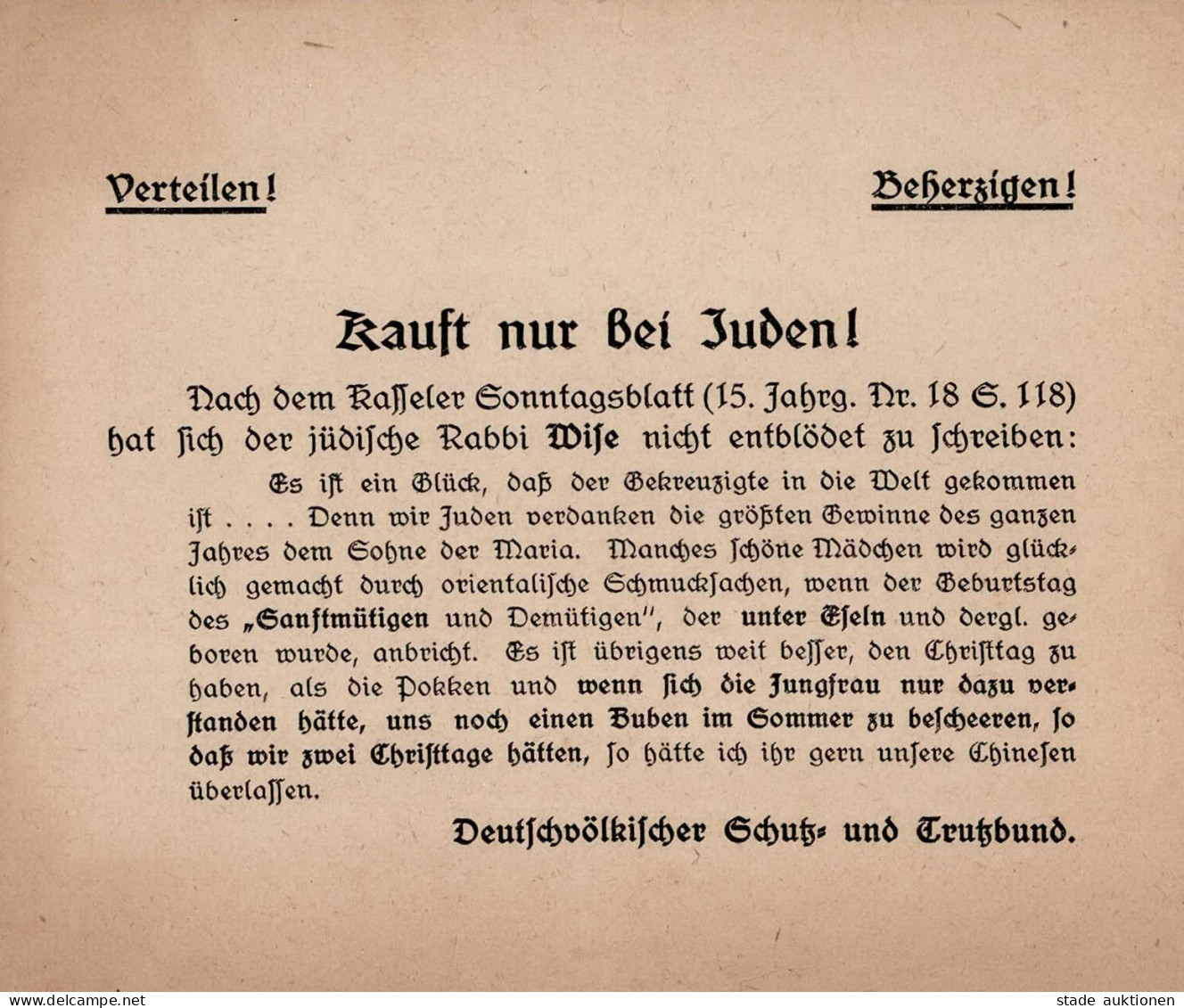 Judaika Antisemitisches Kleinflugblatt Deutschvölkischer Schutz- Und Trutzbund Ca. 11x13cm Judaisme - Giudaismo