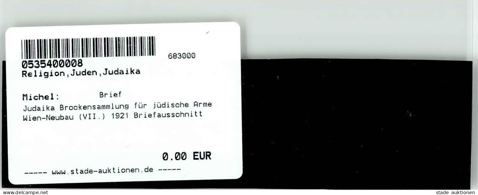 Judaika Brockensammlung Für Jüdische Arme Wien-Neubau (VII.) 1921 Briefausschnitt Judaisme - Giudaismo