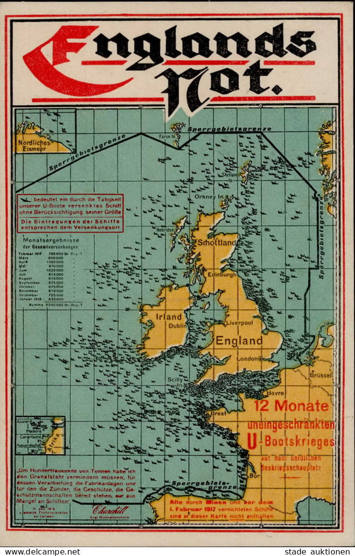 U-Boot Landkarte Englands Not 1918 I-II - Unterseeboote
