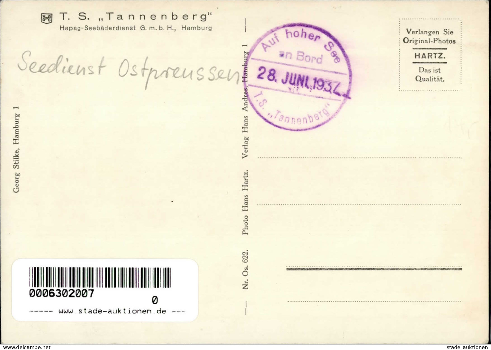 TS Tannenberg HAPAG Seebäderdienst 1937 I-II - Piroscafi