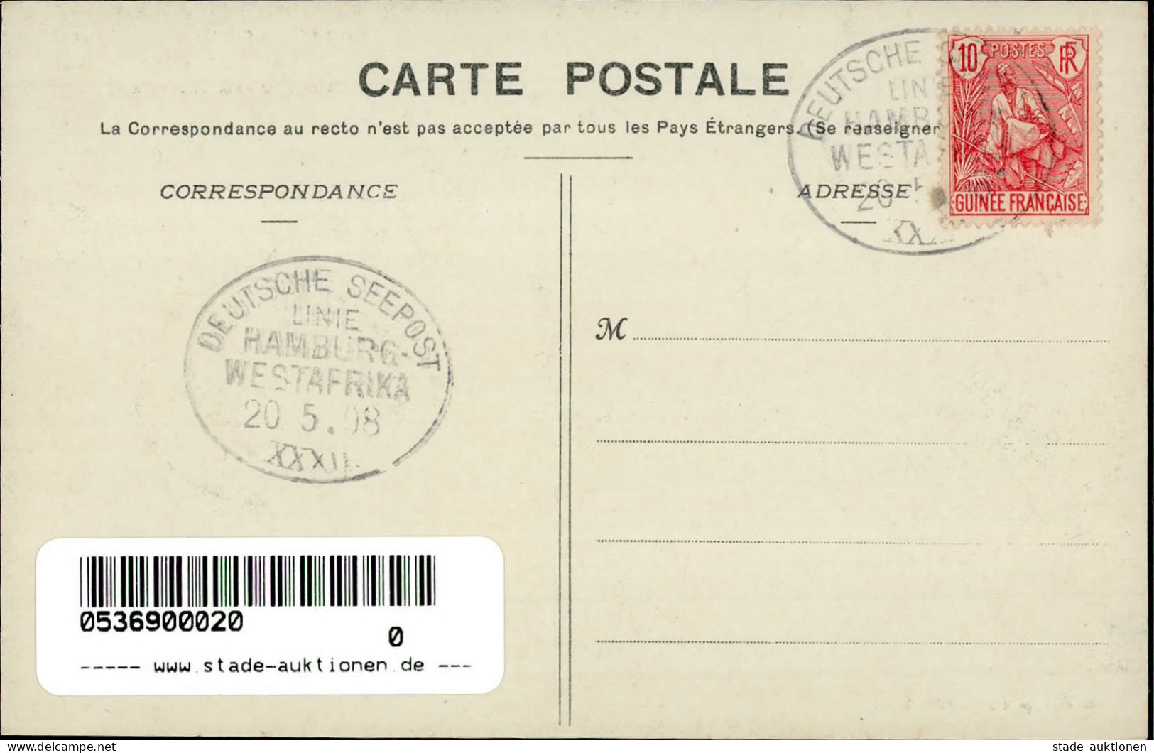 Dakar (Senegal) Mit Stempel Deutsche Seepost Linie Hamburg-Westafrika 20.5.08 I-II - Sonstige & Ohne Zuordnung