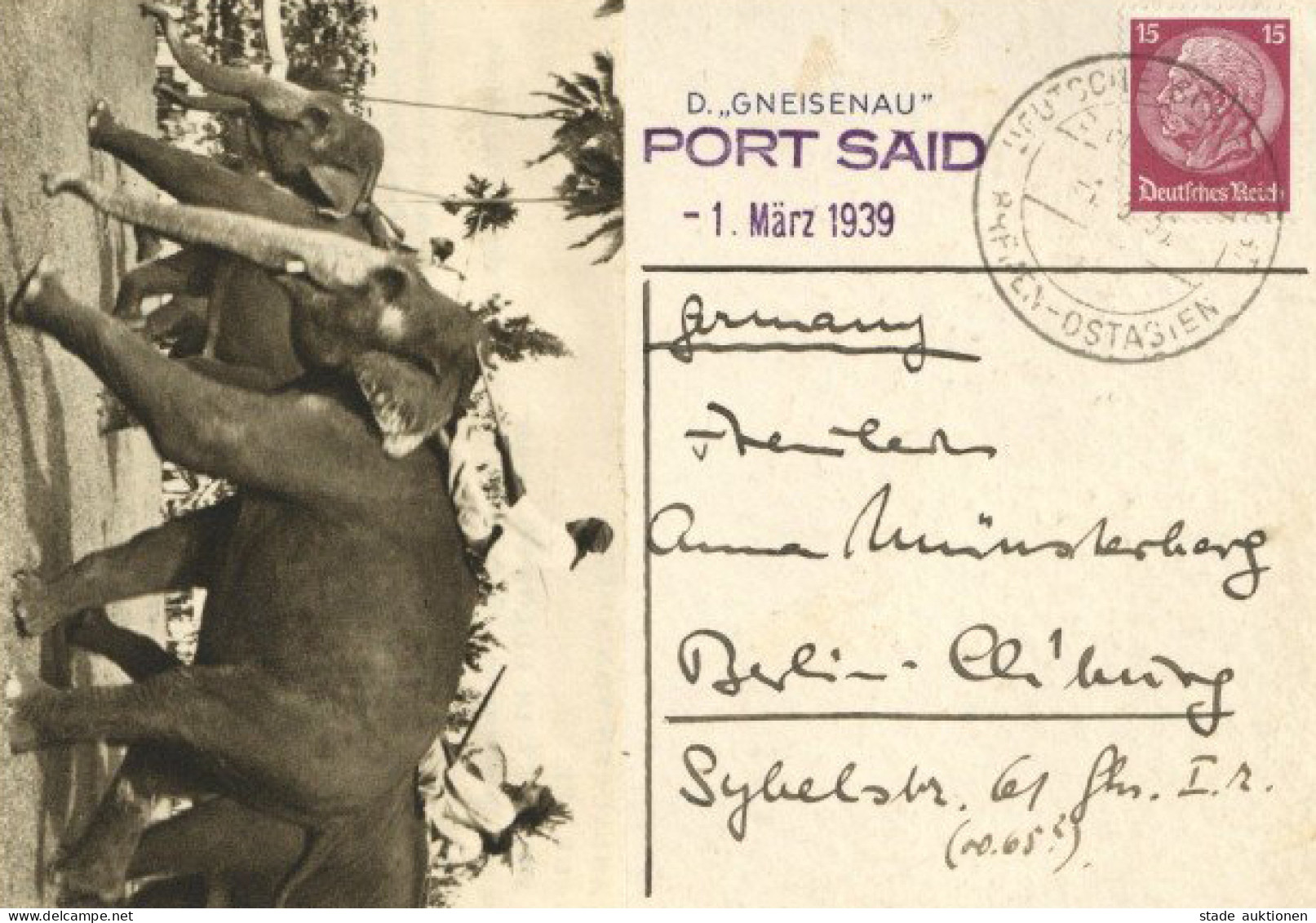 Schiffspost Bremen-Ostasien Dampfer Gneisenau Port Said 1.3.1939 Auf Selbstgestalteter Postkarte - Other & Unclassified