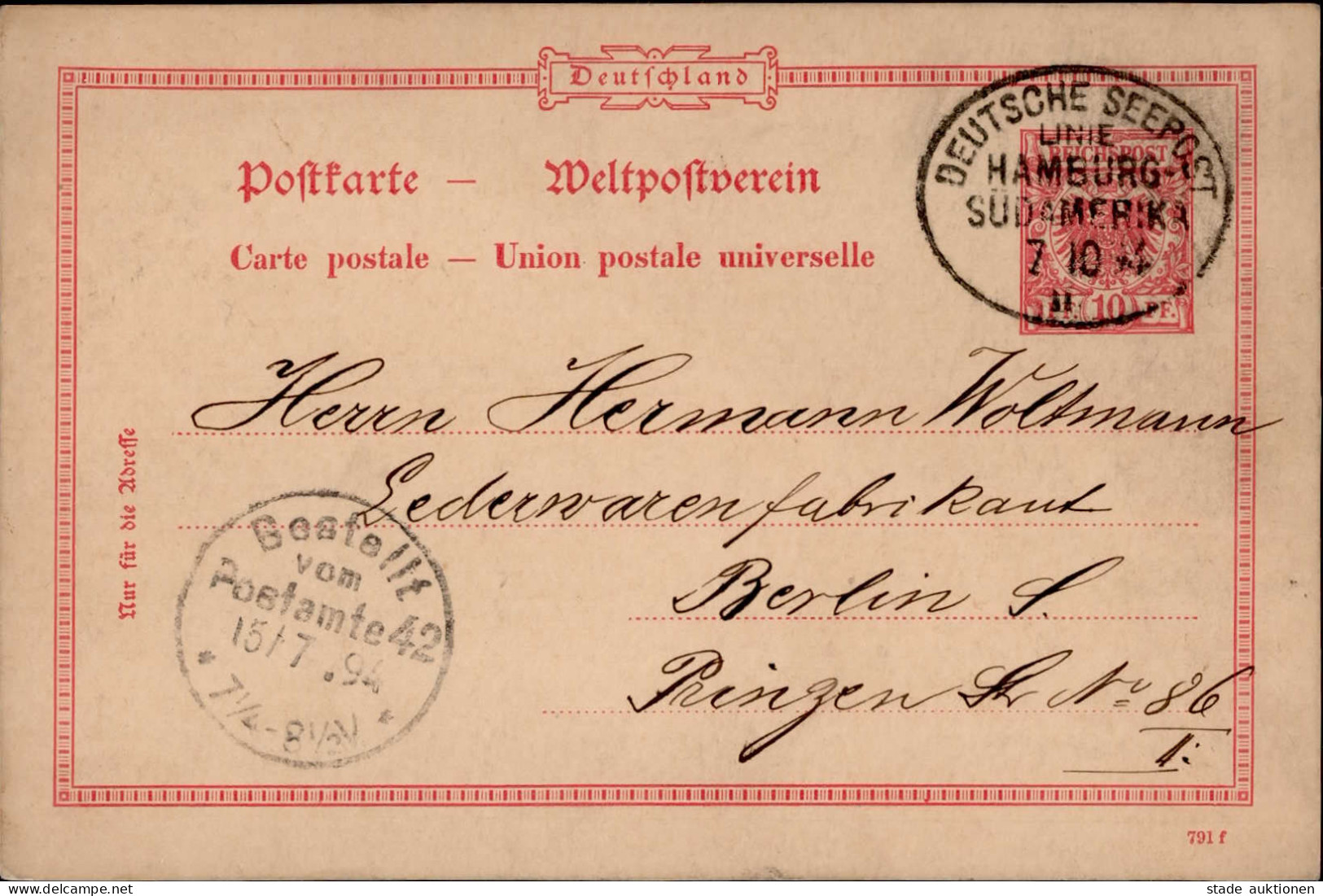 Schiffspost Deutsche Seepost Linie Hamburg-Südamerika Auf Adler-Auslands-Ganzsache 1894 Bedarf I-II - Sonstige & Ohne Zuordnung