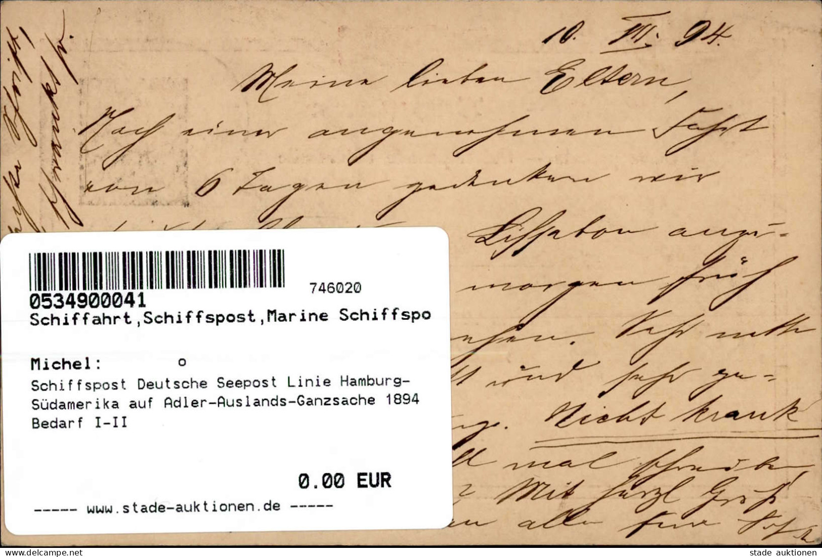 Schiffspost Deutsche Seepost Linie Hamburg-Südamerika Auf Adler-Auslands-Ganzsache 1894 Bedarf I-II - Other & Unclassified