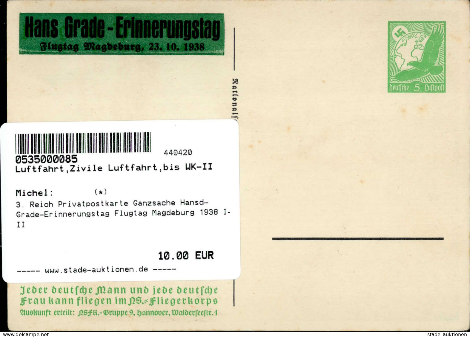 3. Reich Privatpostkarte Ganzsache Hansd-Grade-Erinnerungstag Flugtag Magdeburg 1938 I-II - Sonstige & Ohne Zuordnung