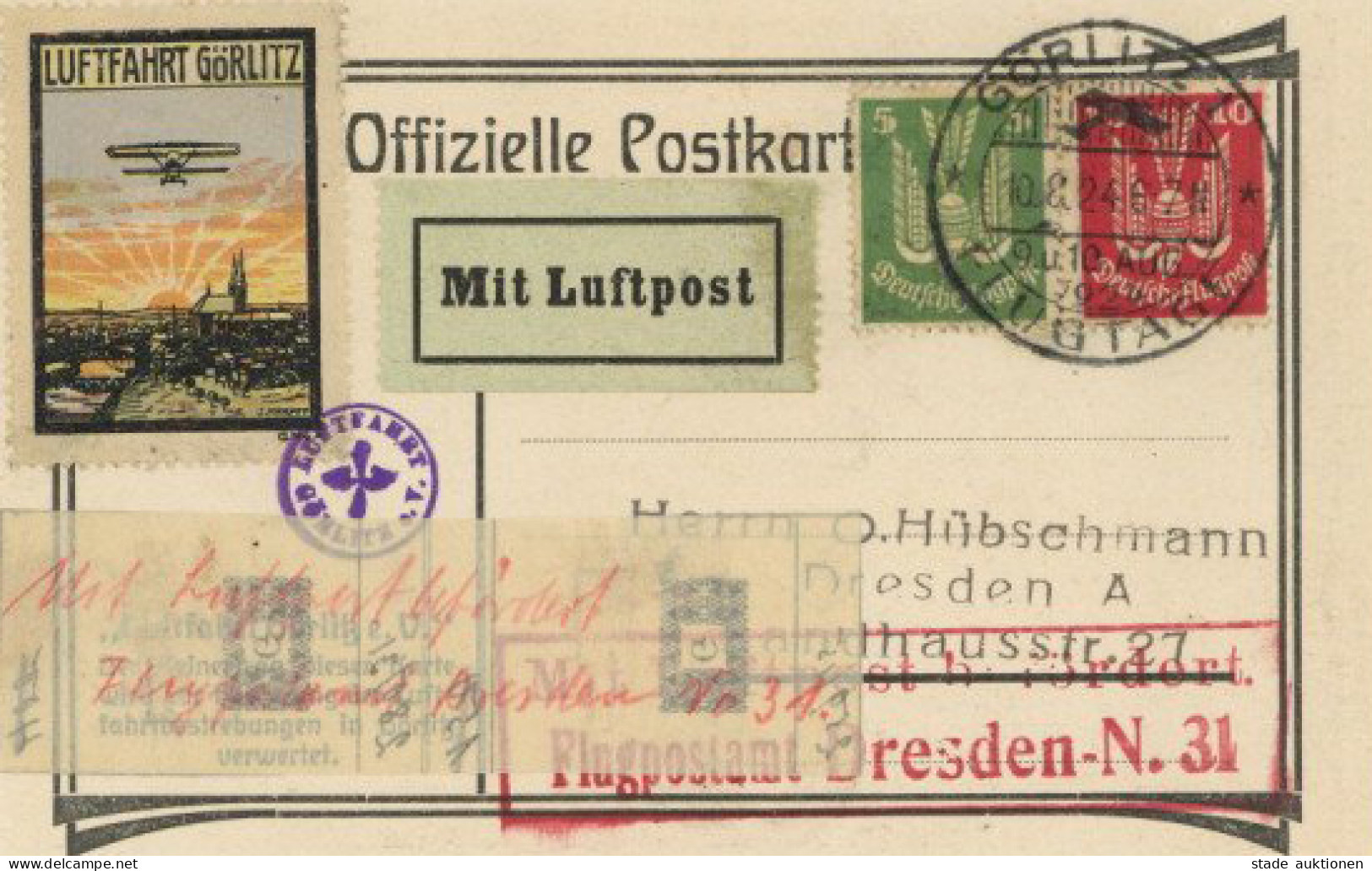 Flugereignis 1924, Flugtage Görlitz Sonderkarte Mit Sst. Und Provisorischem Flugbestätigungszettel Vom Flugpostamt Dresd - Sonstige & Ohne Zuordnung