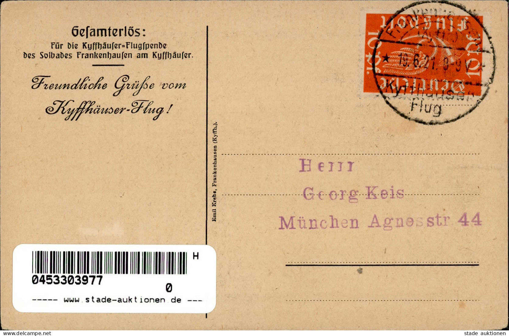 Flugereignis Frankenhausen Am Kyffhäuser Flugspende 1921 Sinderstempel I-II (Abschürfung VS) Aviation - Sonstige & Ohne Zuordnung