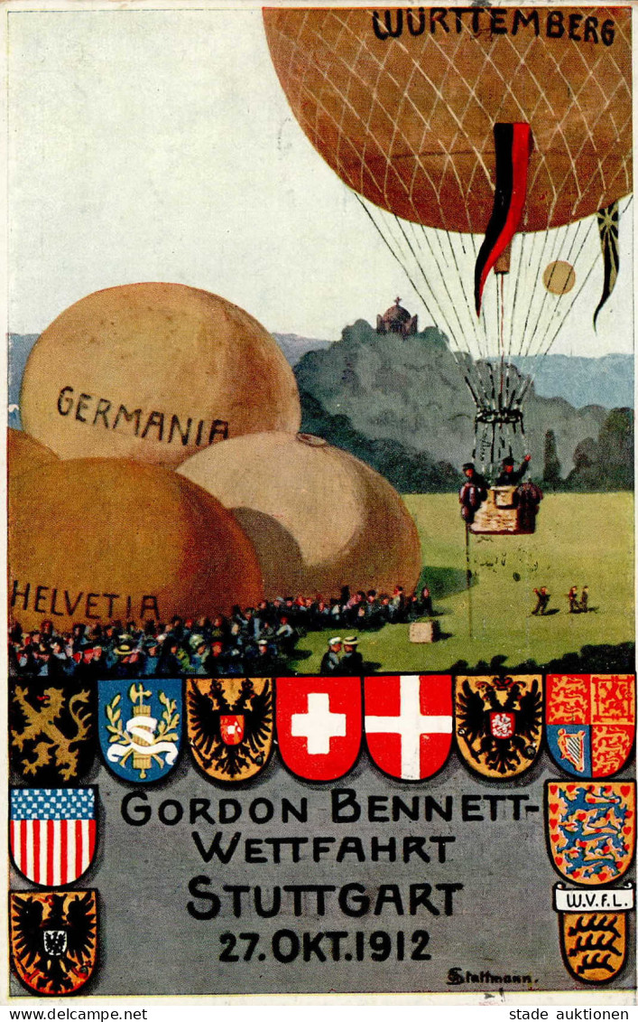 Ballons Gordon Bennett-Wettfliegen Stuttgart 27.Okt. 1912 Künstlerkarte Sign.Stattmann I-II - Aviatori