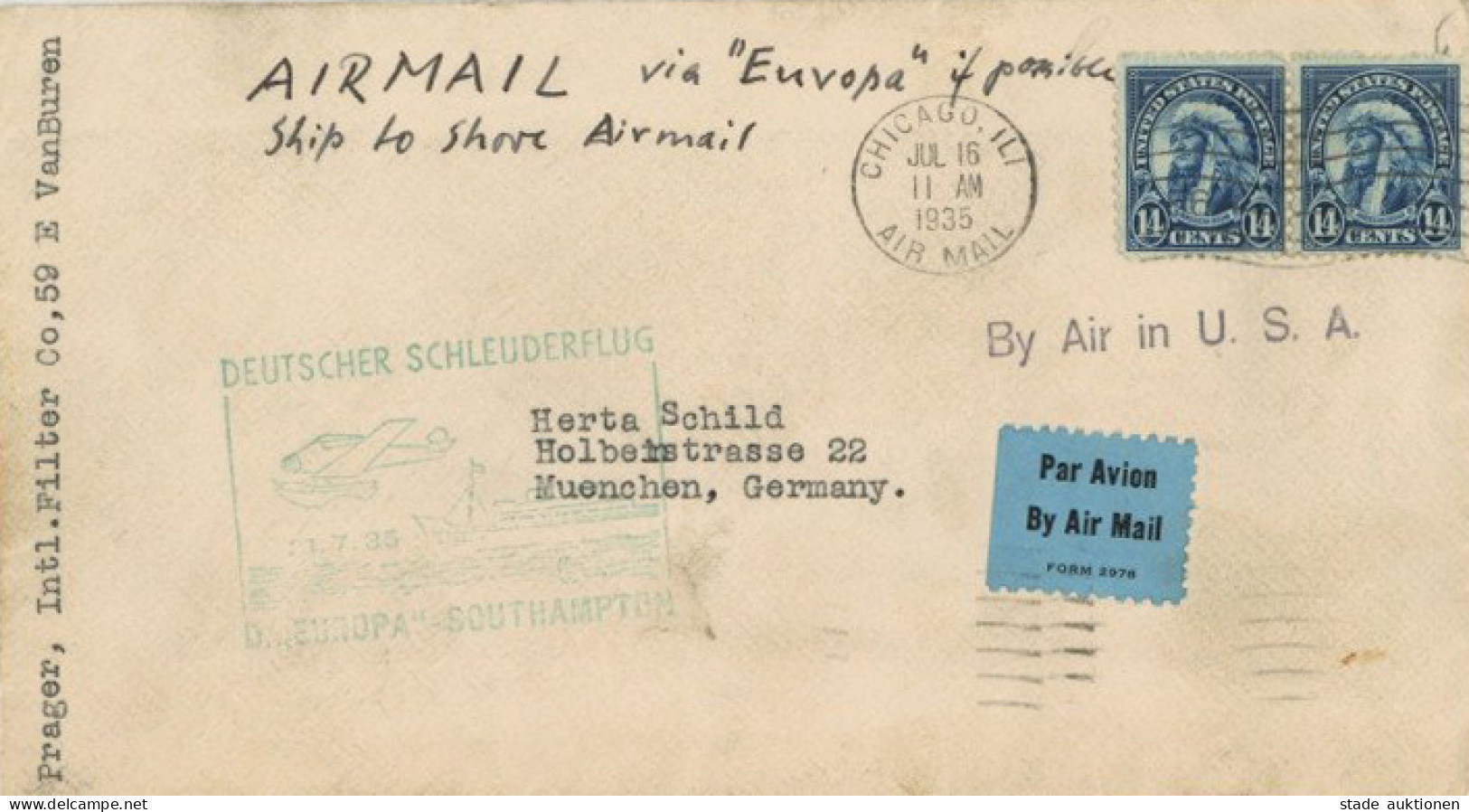 Flugpost Deutscher Schleuderflug Damper Europa"-Southampton, Amerik. Frankatur Chicago 1935 I-II (Rücklasche Beschädigt) - Other & Unclassified