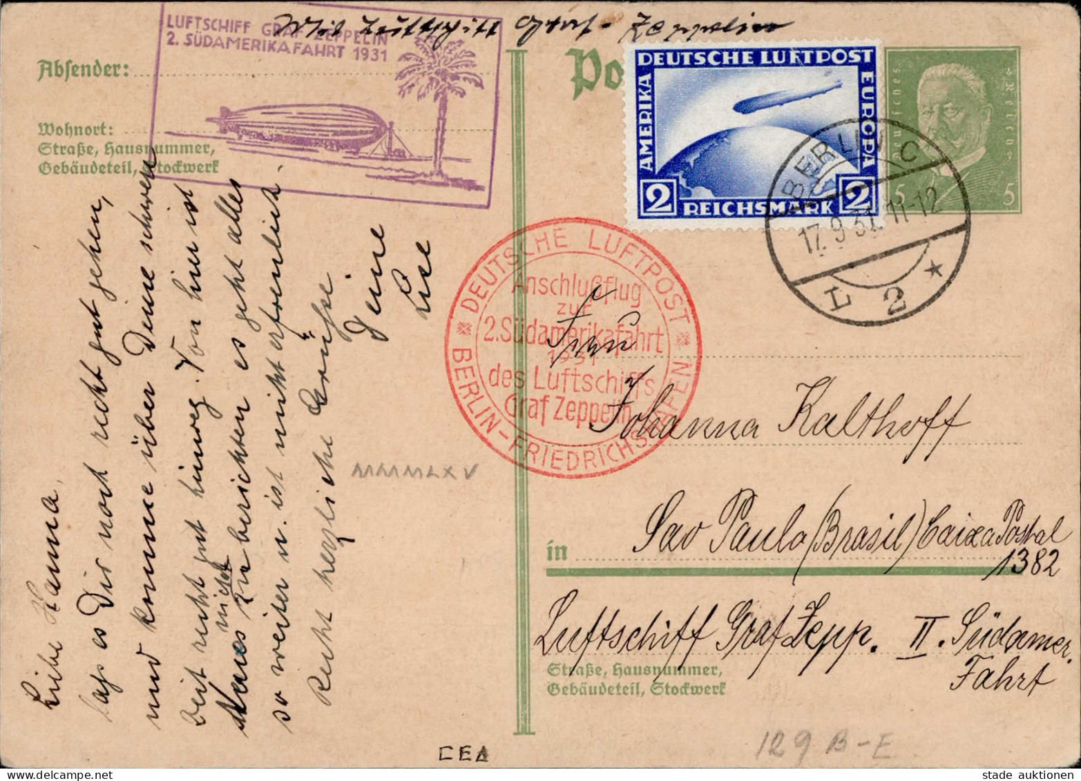 Zeppelinpost 2. Südamerikafahrt 1931 Sonderbestätigungsstempel Anschlußflug Berlin I-II Dirigeable - Zeppeline