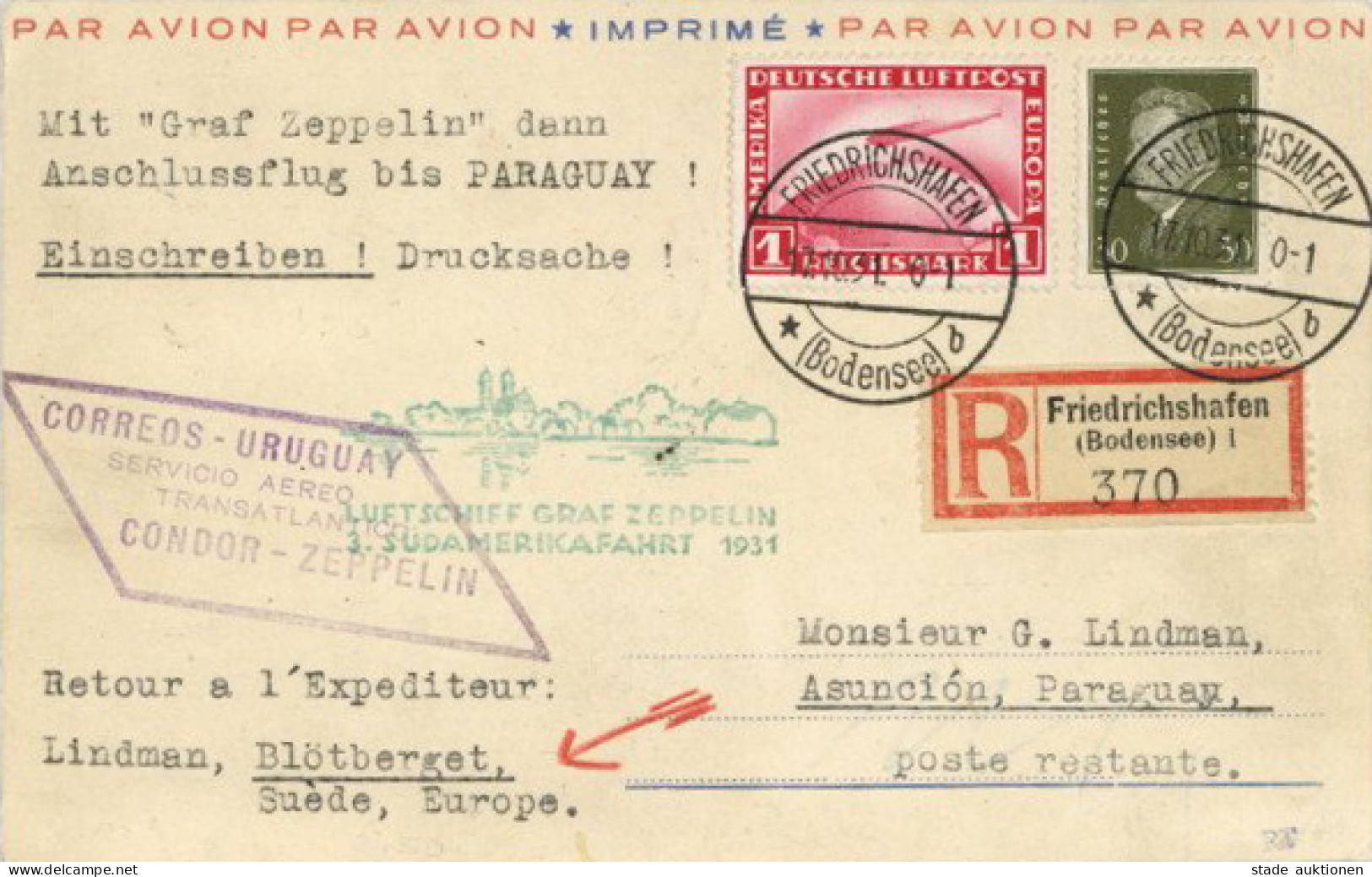 Zeppelinpost 3. Südamerikafahrt 1931 Als Einschreiben-Drucksache Mit Anschlußflug Bis Paraguay Alle Stempel I- Dirigeabl - Airships