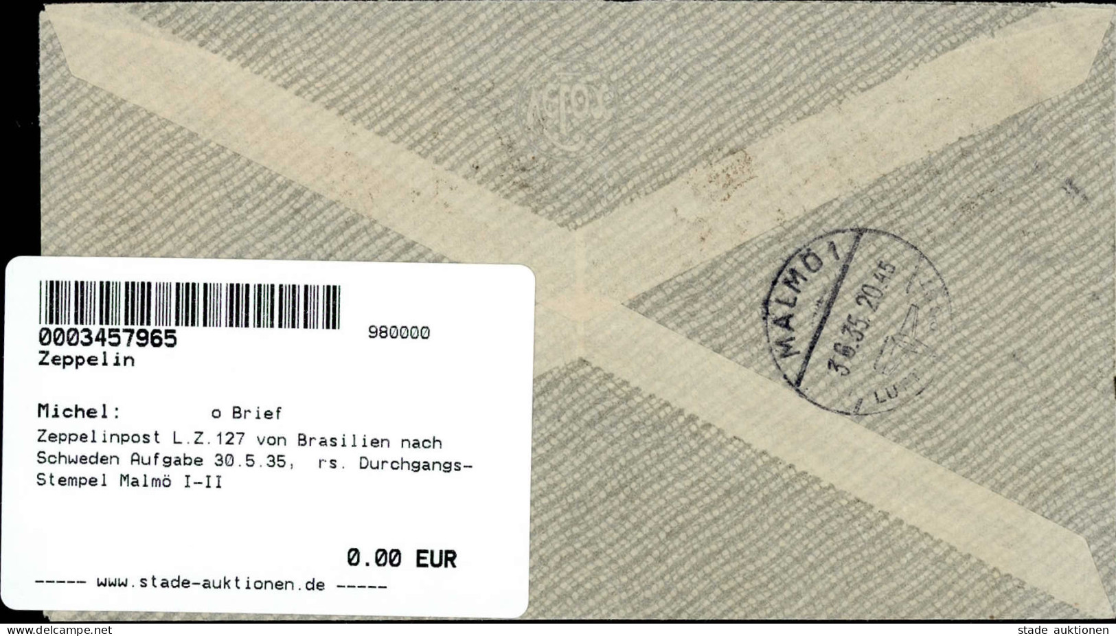 Zeppelinpost L.Z.127 Von Brasilien Nach Schweden Aufgabe 30.5.35,  Rs. Durchgangs-Stempel Malmö I-II Dirigeable - Airships