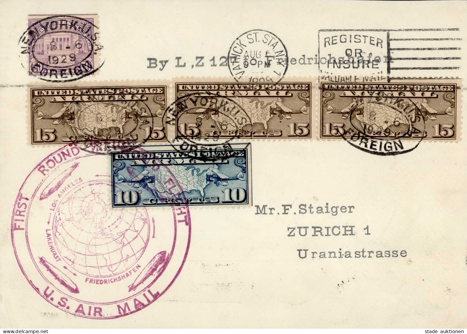 Zeppelinpost L.Z.127 Weltrundfahrt Lakehurst-Friedrichshafen Amerikanische Post Aufgabe 6.8.29 I-II Dirigeable - Dirigeables