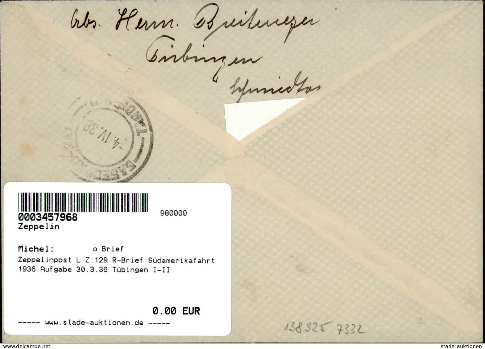 Zeppelinpost L.Z.129 R-Brief Südamerikafahrt 1936 Aufgabe 30.3.36 Tübingen I-II Dirigeable - Dirigibili