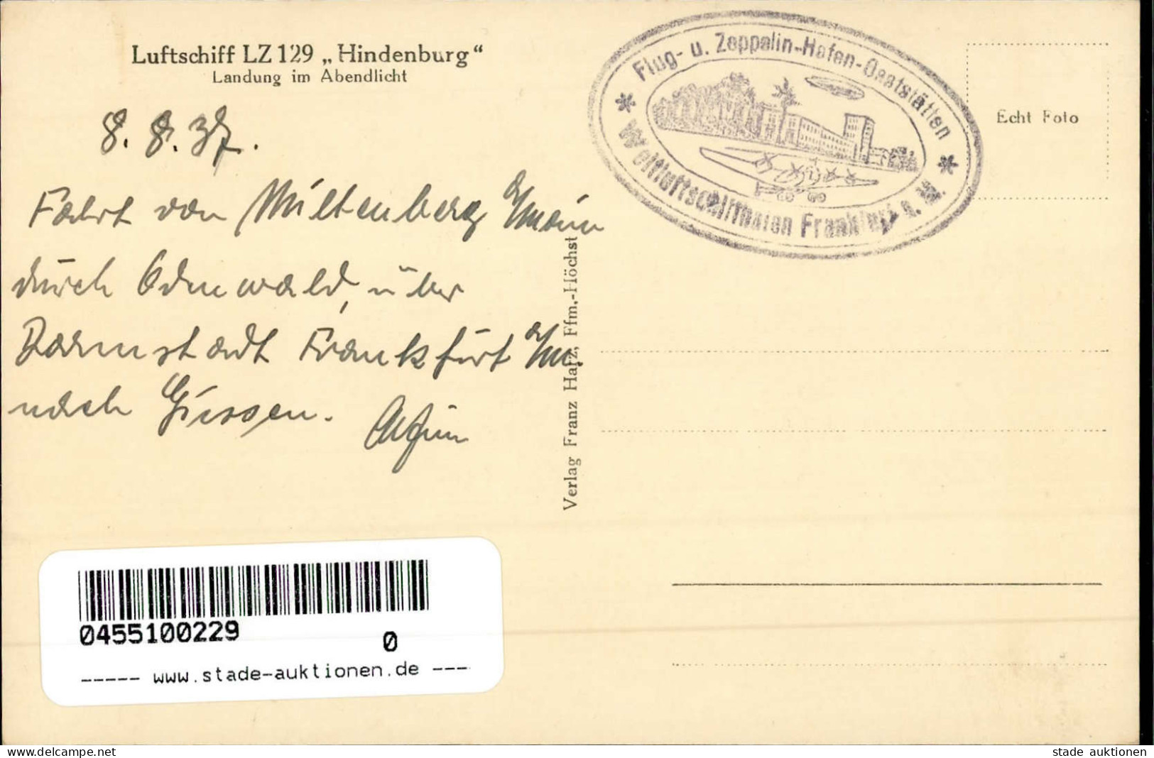 LUFTSCHIFF HINDENBURG - RHEIN MAIN LZ 129 Landung Im Abendlicht Beschrieben 1937 I - Zeppeline