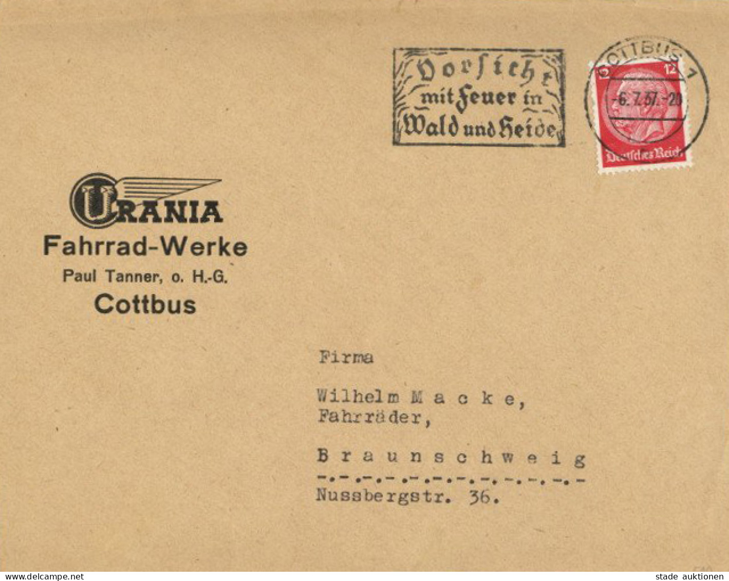 Fahrrad Dekorativer Briefumschlag Urania Fahrrad-Werke Cottbus 1937 Cycles - Other & Unclassified