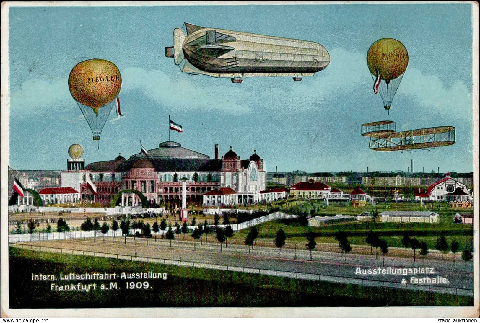 Verkehr Ballon Zeppelin Doppeldecker Flugzeug Internationale Luftschifffahrt Ausstellung 1909 II- (beschnitten, Bugspur) - Other & Unclassified