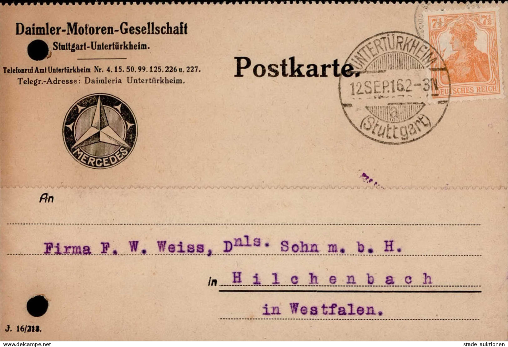 Verkehr Daimler-Motoren-Gesellschaft Mercedes Auto Korrespondenz Karte 1916 I-II (gelocht) - Otros & Sin Clasificación