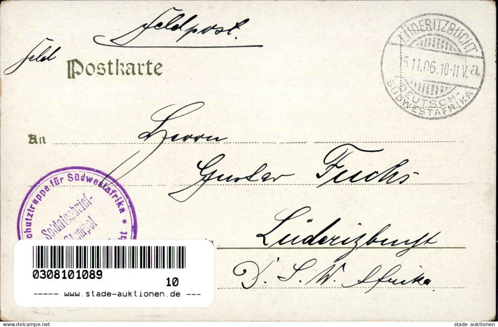 Kolonien Deutsch-Südwestafrika Haygamkap Polizei Station Soldatenbriefstempel Stempel Lüderitzbucht 15.11.1906 I-II Colo - Storia