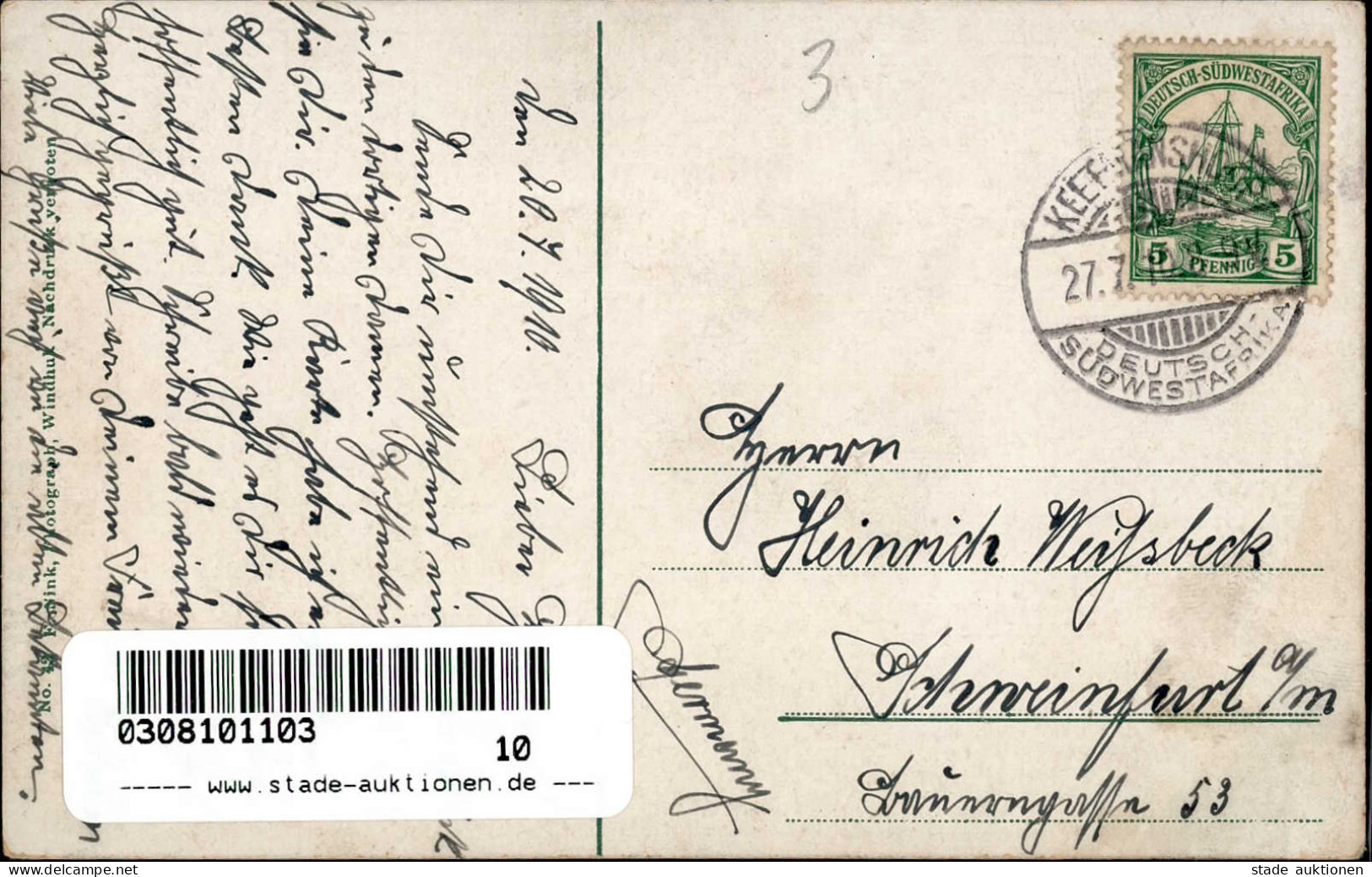 Kolonien Deutsch-Südwestafrika Kaffernschönheit Stempel Keetmanshoop 27.07.1910 I-II Colonies - Geschichte