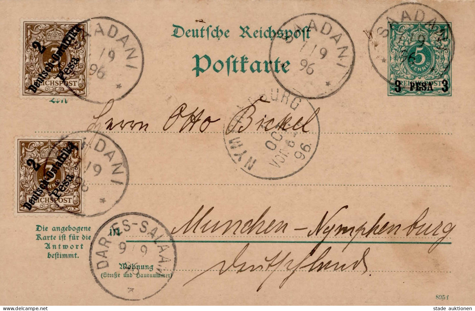 Kolonien Deutsch-Ostafrika Doppel-Ganzsache (kpl.) Mit ZuFr Von Saadani Nach München 1896 (Durchgangsstempel Dar-es-Sala - Historia