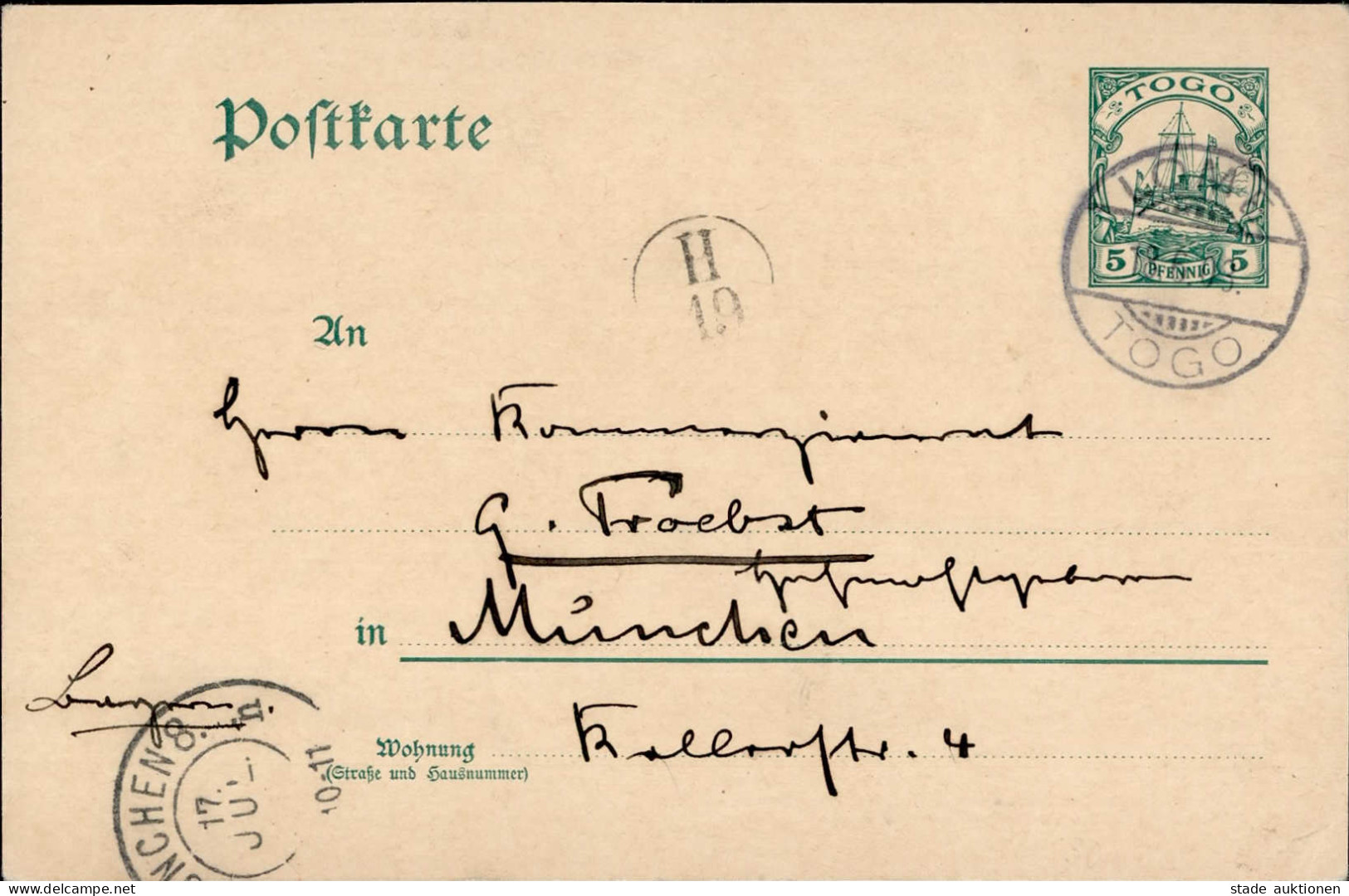 Kolonien Togo Ganzsache Stempel Lome 1903 Nach München Bedarfskarte (rs. Text) Colonies - Histoire