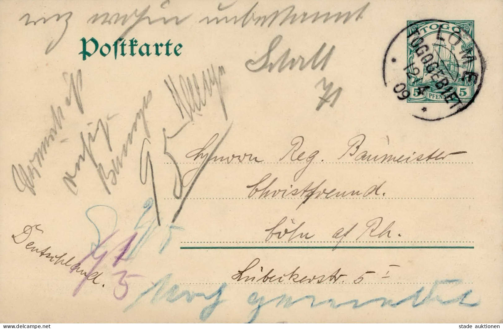 Kolonien Togo Ganzsache Stempel Lome Togogebiet 1909 Bedarf I- Colonies - Histoire