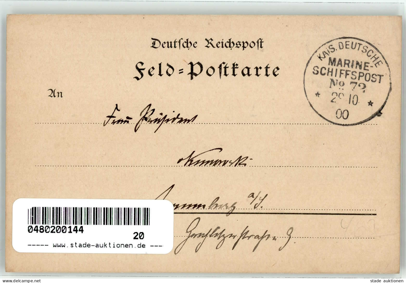 Kolonien CHINA - Handgemalte Feldpostkarte Klarer-o MSP 72  29.10.00 I Colonies - Histoire