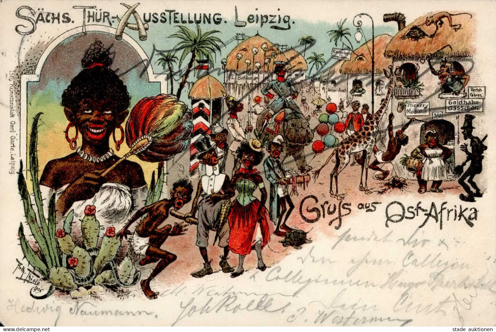 Kolonien Ost-Afrika Sign. Arthur Thiele Künstlerkarte Sächsisch Thür.-Ausstellung Leipzig 1897 I-II (Ecken Abgestossen)  - Geschichte