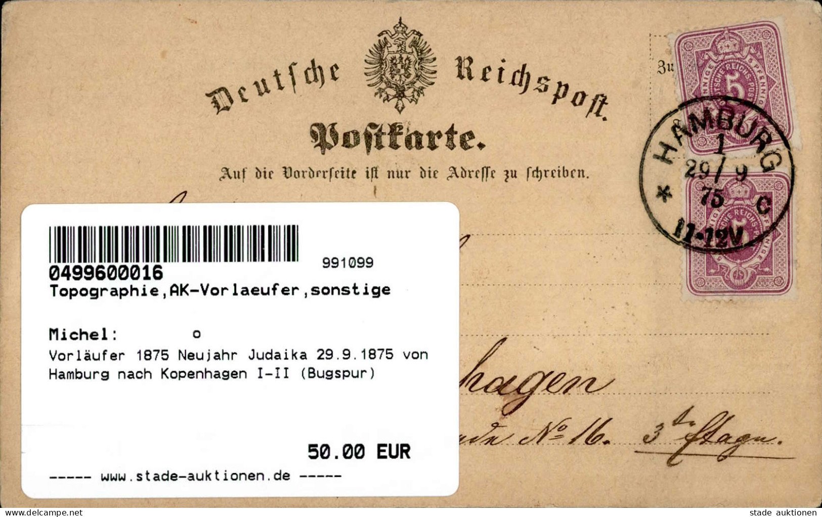 Vorläufer 1875 Neujahr Judaika 29.9.1875 Von Hamburg Nach Kopenhagen I-II (Bugspur) Judaisme Bonne Annee - Otros & Sin Clasificación